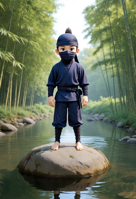 Ninja kid performing kick with multiplication facts flying around